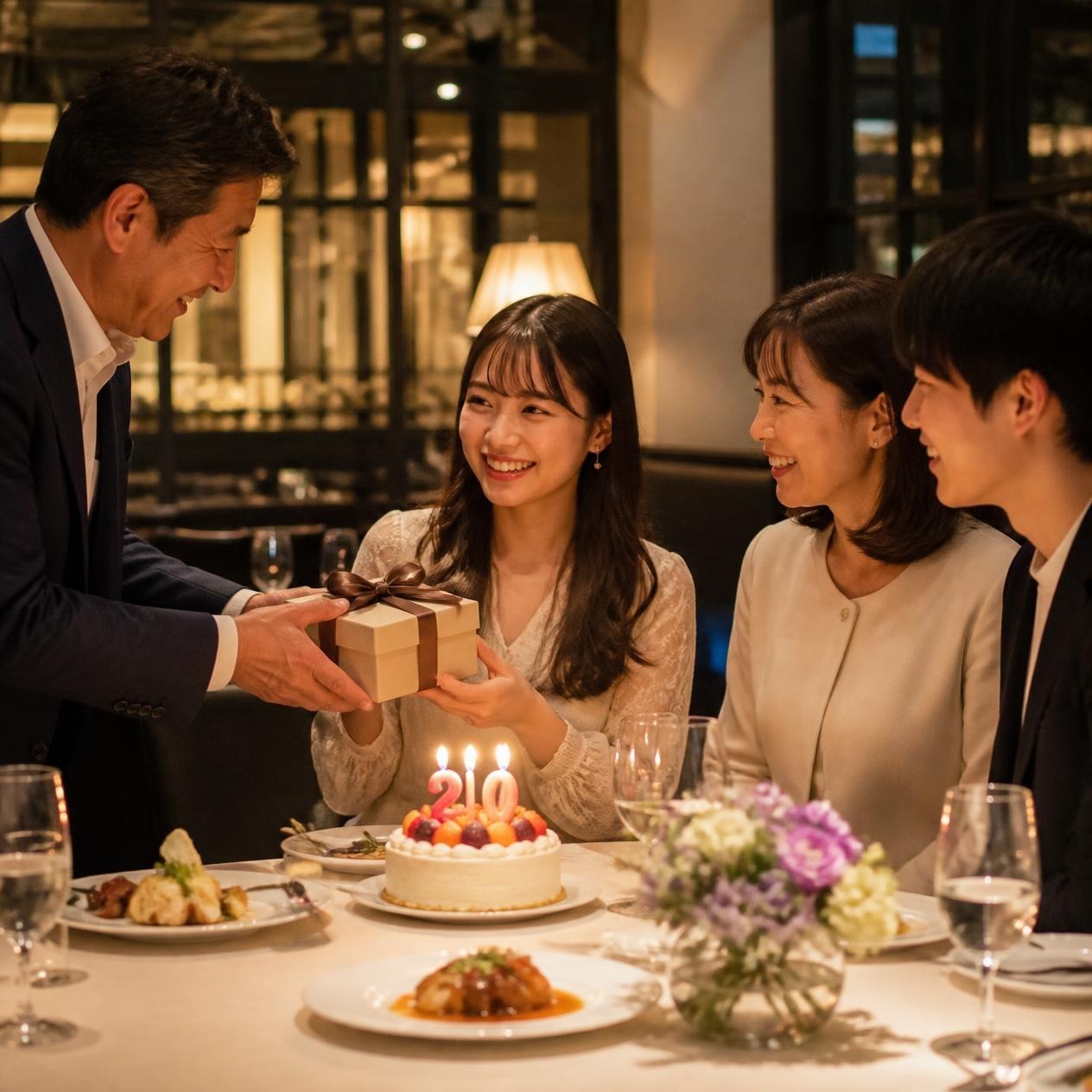 20歳の誕生日のケーキを囲み、贈り物を渡す家族