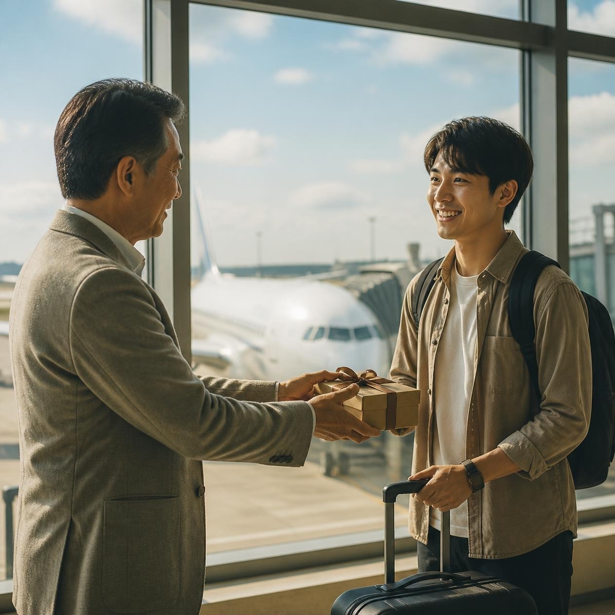 荷物を持った人物と、ジュエリーボックスを受け渡す人物