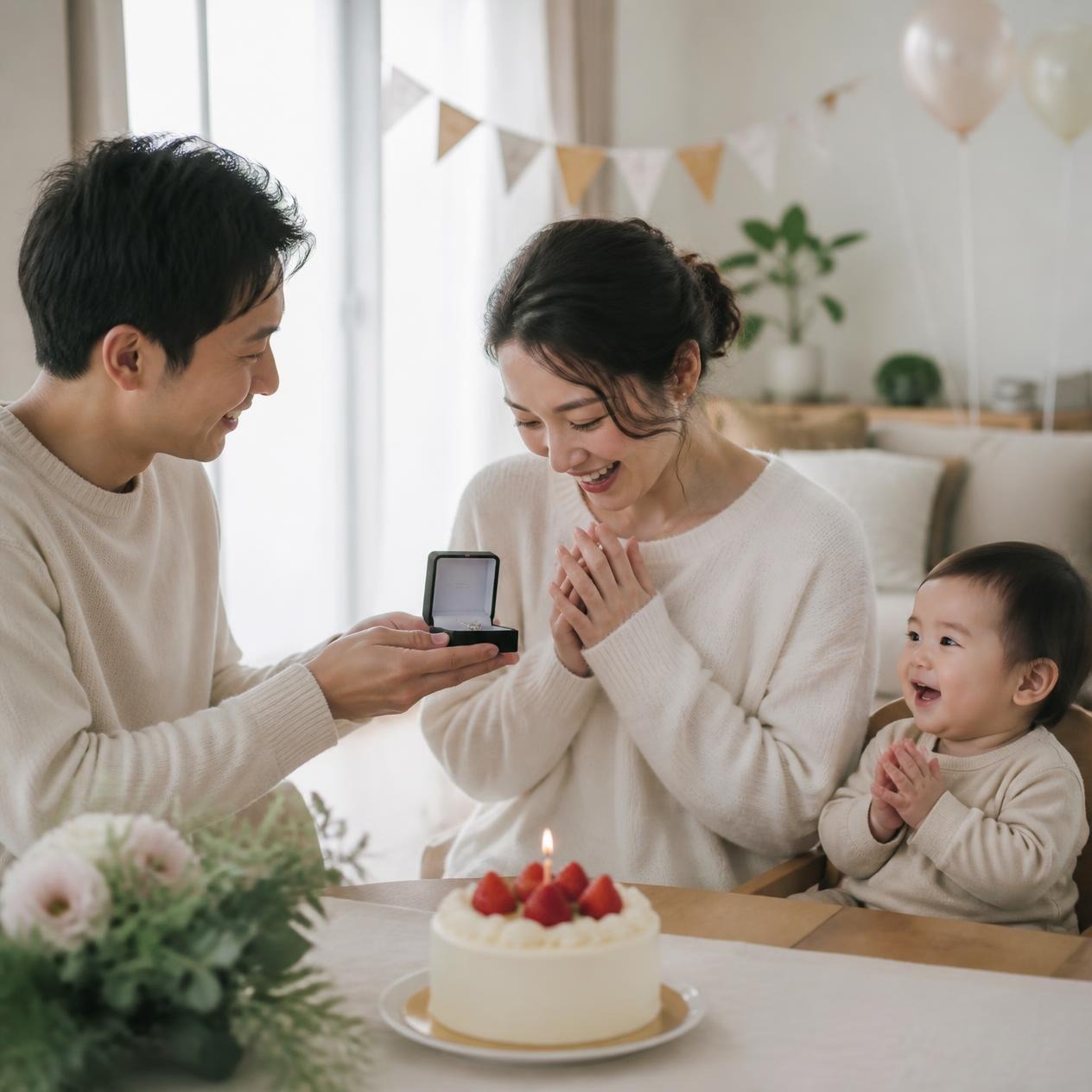 赤ちゃんと一緒にケーキを囲み、贈り物を渡す家族