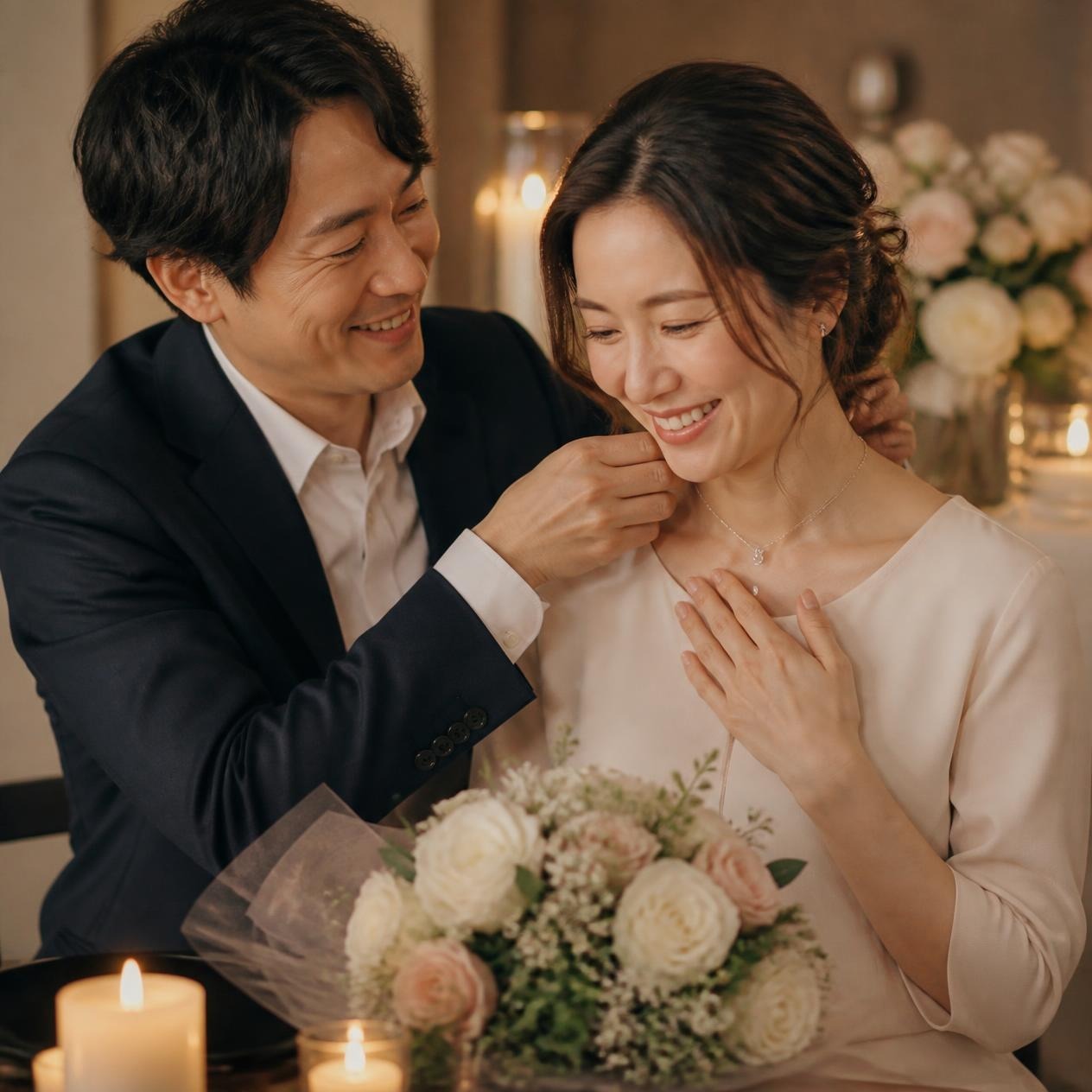 女性の首元にペンダントを着ける男性