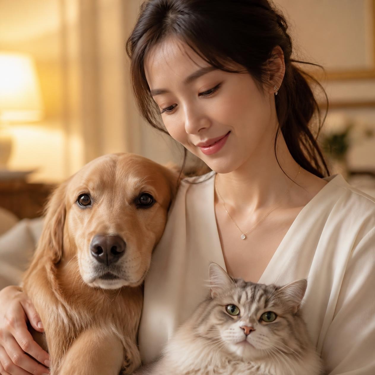 犬と猫のそばでペンダントを身に着ける女性