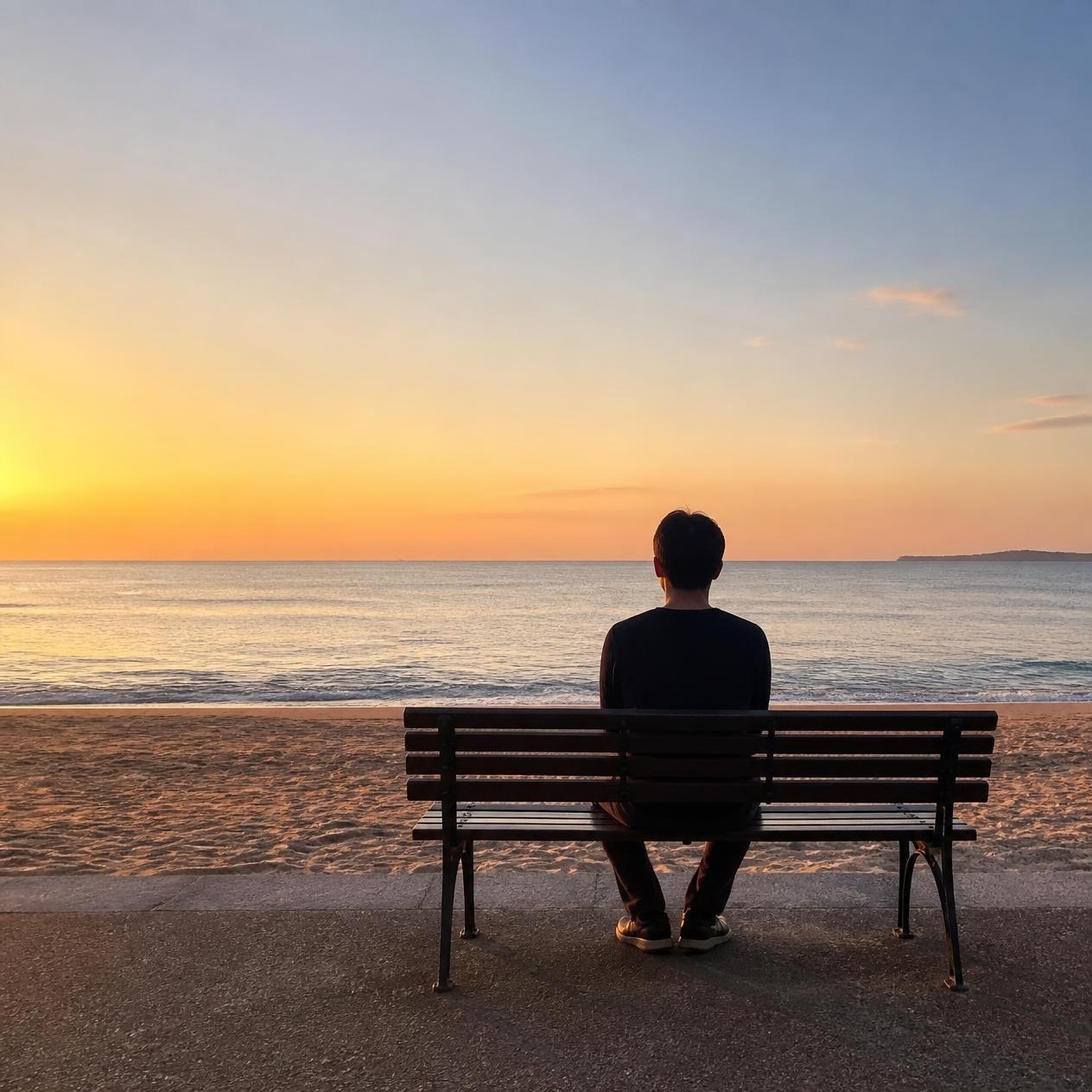 夕暮れの海を前にベンチに座る人物